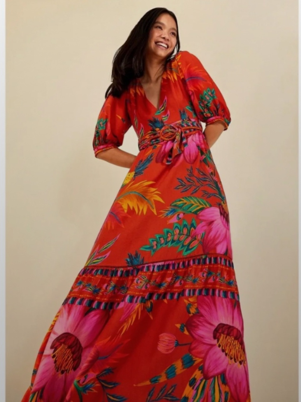 FARM Rio Red Floral Maxi Dress with Pink & Green Accents